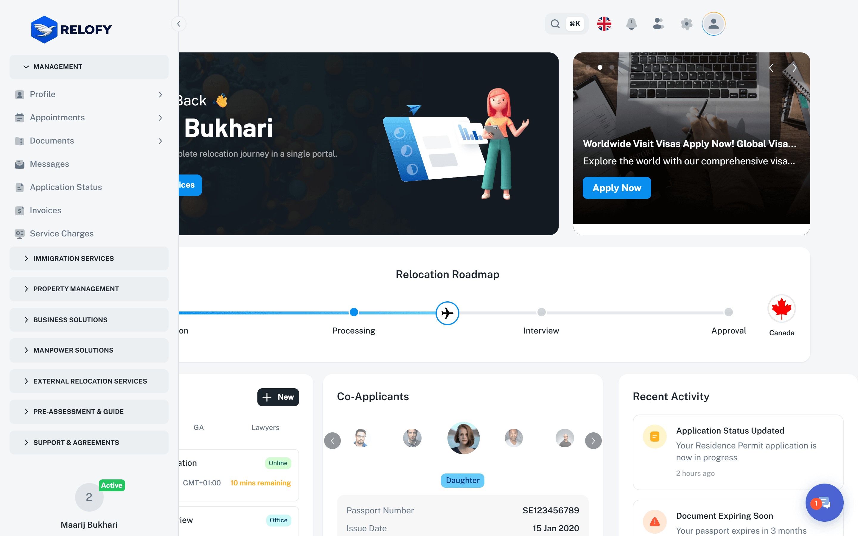 Relofy client relocation dashboard