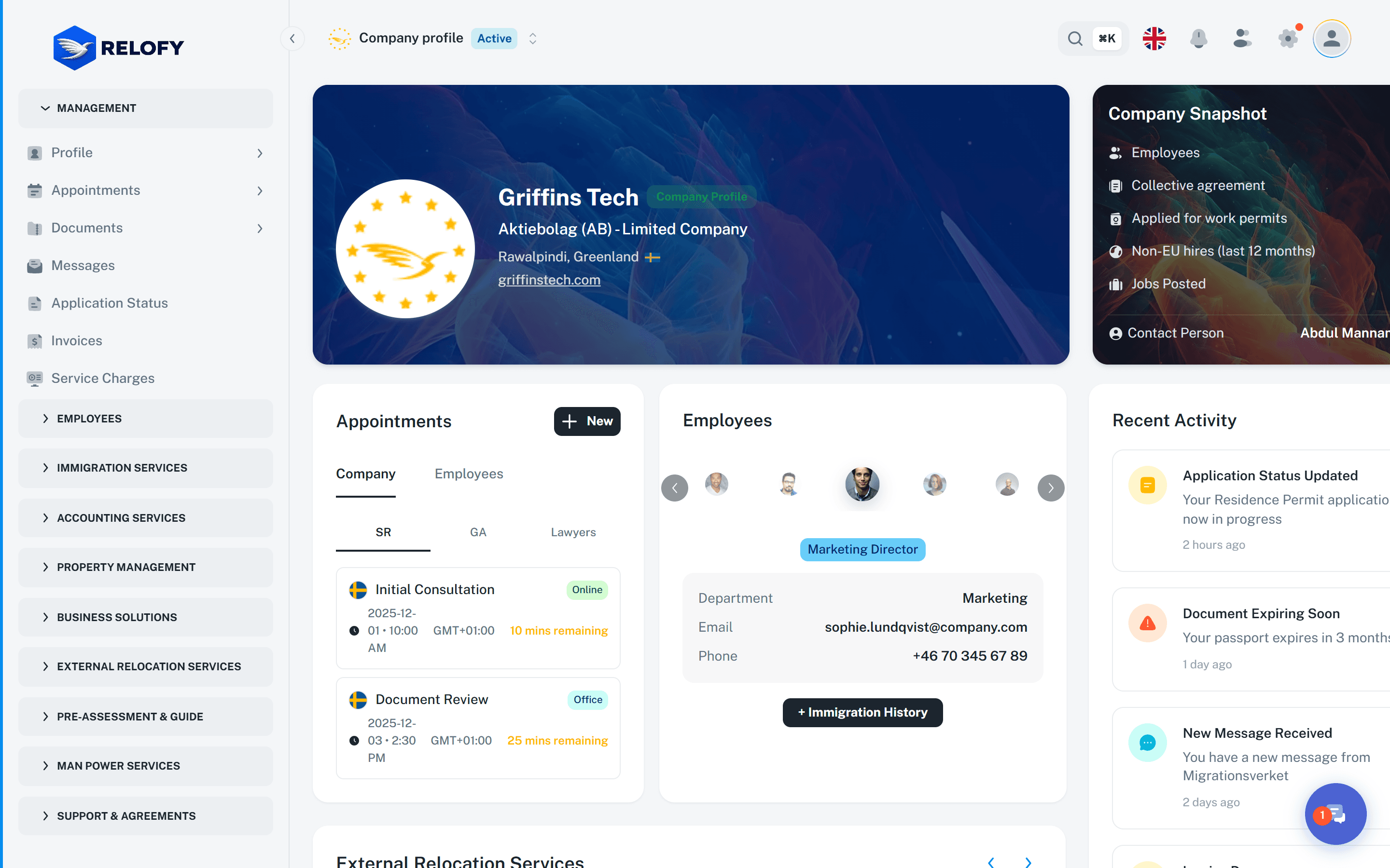 Relofy company workspace dashboard
